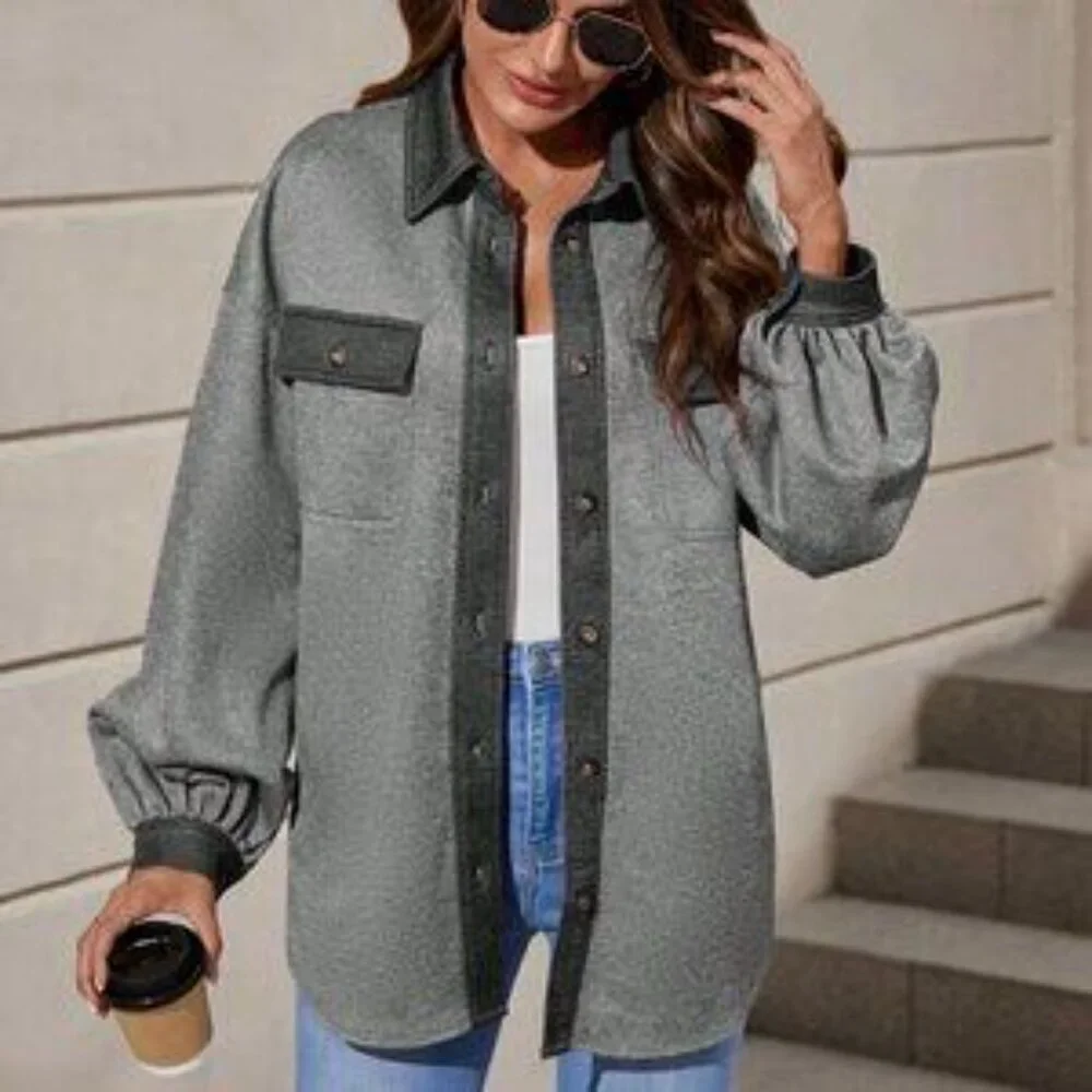 Grey Casual Womens Drop Shoulder Flap Pocket Contrast Trim Coat - Picture 2 of 5